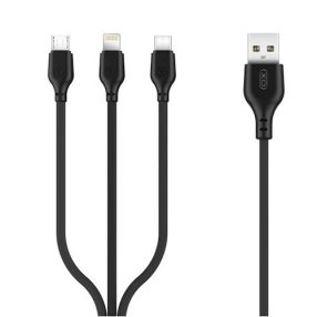   iPhone adatkábel, töltőkábel, iPhone 8pin, lightning, Type-C, Micro usb, 3in1, fekete, 2.1A 1m, XO NB103