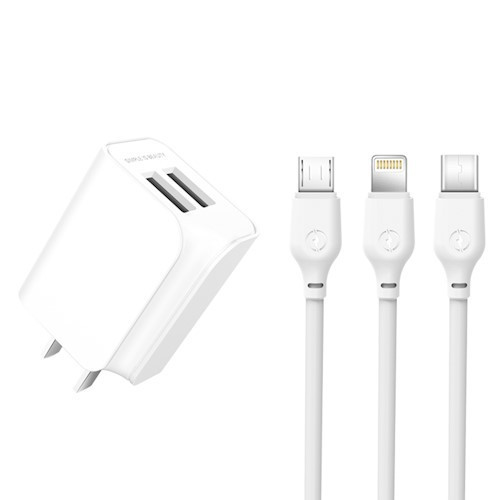 Hálózati töltőfej, adapter, 2 USB port + iPhone 8pin, lightning töltőkábel, adatkábel, 1M 2,1A, fehér, XO L35D