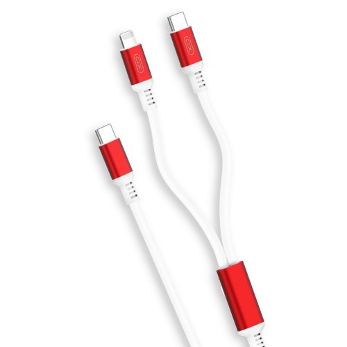 USB-C (Type-C) adatkábel, töltőkábel, USB-USB-C, iPhone 8pin, lightning - USB-C (Type-C) 2in1, fehér-piros, 3A 1m, XO NB136