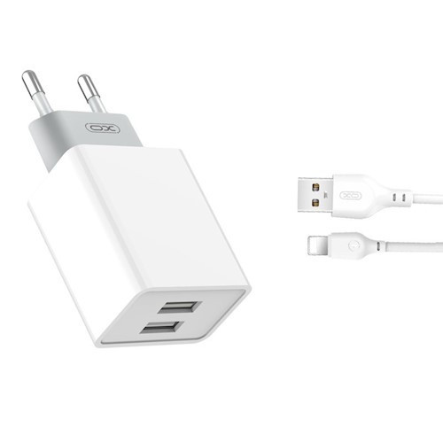Hálózati töltőfej, adapter, 2 USB port + iPhone 8pin, lightning töltőkábel, adatkábel, 1M 2,4A, fehér, XO L65EU
