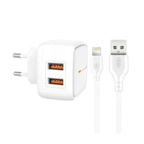 Hálózati töltőfej, adapter, 2 USB port + iPhone 8pin, lightning töltőkábel, adatkábel, 1M 2,4A, fehér, XO L61