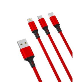   iPhone adatkábel, töltőkábel, iPhone 8pin, lightning, Type-C, Micro usb, 3in1, piros, 2.4A 1.2m, XO NB173