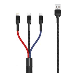   iPhone adatkábel, töltőkábel, iPhone 8pin, lightning, Type-C, Micro usb, 3in1, fekete, 3A 1.2m, XO NB54