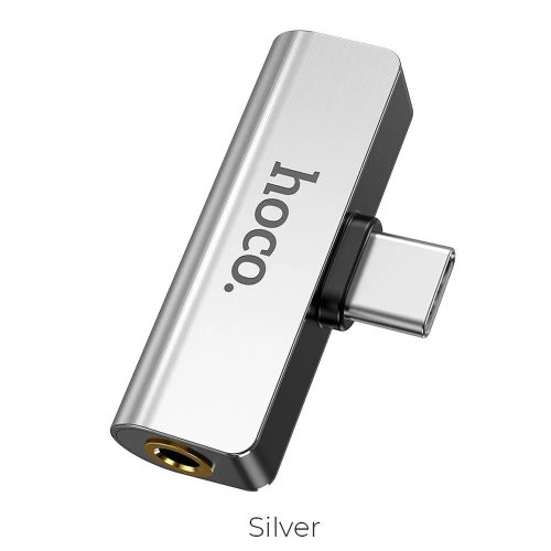 Adapter, átalakító, USB-C (Type-C) + audio, jack, 3,5mm -> USB-C (Type-C), ezüst, Hoco LS26