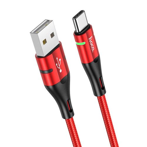 USB-C (Type-C) adatkábel, töltőkábel, USB-USB-C, szövet bevonat, led fénnyel, piros, 3A 1.2m, Hoco U93