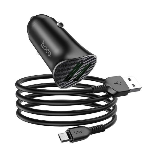 Szivartöltő fej, autós töltő, 2 USB port + Micro usb töltőkábel, adatkábel, gyorstöltő, quick charge, 1m 18W, fekete, Hoco Z39