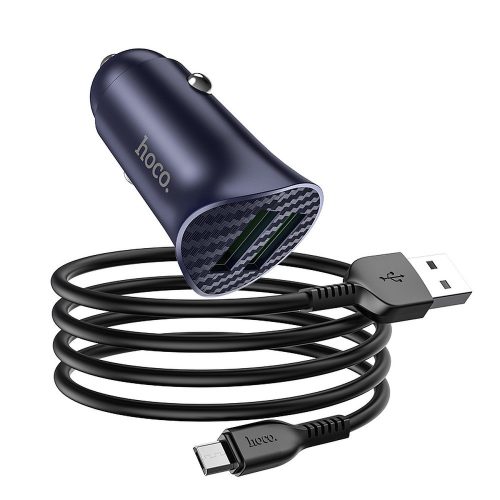 Szivartöltő fej, autós töltő, 2 USB port + Micro usb töltőkábel, adatkábel, gyorstöltő, quick charge, 1m 18W, kék/fekete, Hoco Z39