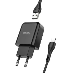   Hálózati töltőfej, adapter 2 USB port + iPhone 8pin, lightning adatkábel, töltőkábel, 2,1A, fekete, Hoco N2