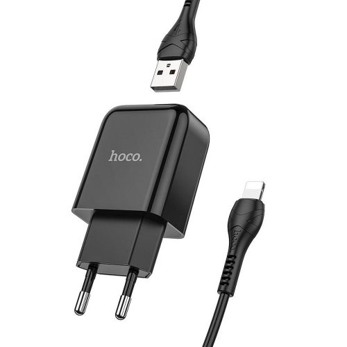 Hálózati töltőfej, adapter 2 USB port + iPhone 8pin, lightning adatkábel, töltőkábel, 2,1A, fekete, Hoco N2