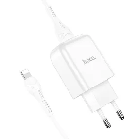   Hálózati töltőfej, adapter 2 USB port + iPhone 8pin, lightning adatkábel, töltőkábel, 2,1A, fehér, Hoco N2