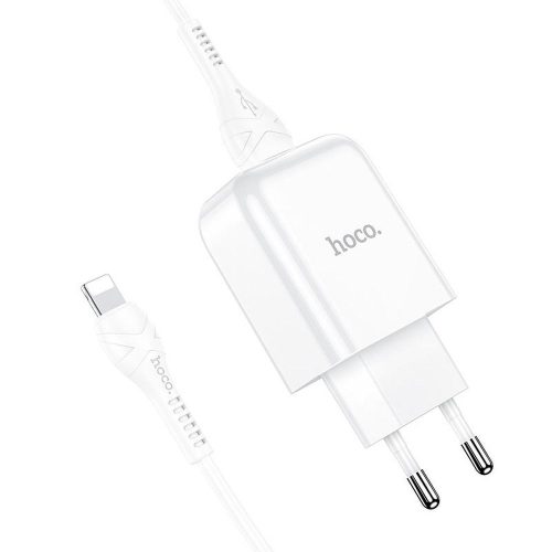 Hálózati töltőfej, adapter 2 USB port + iPhone 8pin, lightning adatkábel, töltőkábel, 2,1A, fehér, Hoco N2