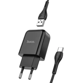   Hálózati töltőfej, adapter 2 USB port + Type-C adatkábel, töltőkábel, 2,1A, fekete, Hoco N2