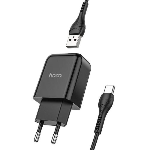 Hálózati töltőfej, adapter 2 USB port + Type-C adatkábel, töltőkábel, 2,1A, fekete, Hoco N2