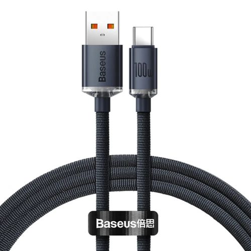 USB-C (Type-C) adatkábel, töltőkábel, USB-USB-C, gyorstöltő, fast charge, szövet bevonat, fekete, 100W 1.2m, Baseus Crystal Shine Series CAJY000401