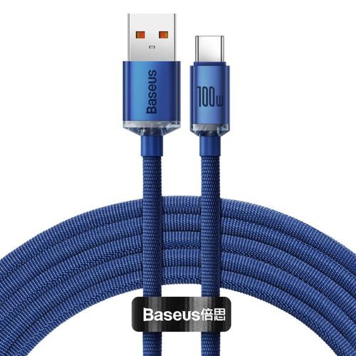 Baseus USB-C (Type-C) adatkábel, töltőkábel, szövet bevonat, kék, 100W 1.2m, Baseus Crystal Shine Series CAJY000403
