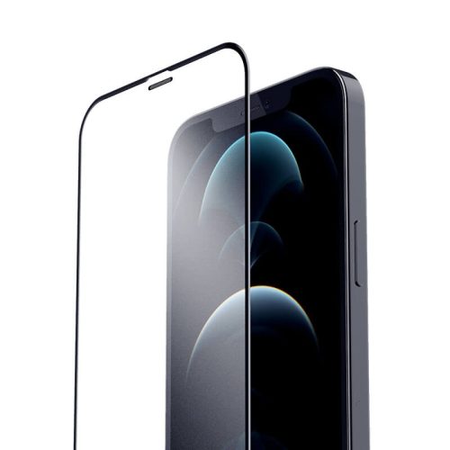 iPhone 12 Pro Max üvegfólia, tempered glass, előlapi, 3D, edzett, hajlított, matt, fekete kerettel, hátlapi fóliával, Devia