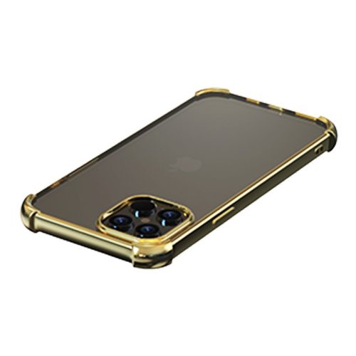 iPhone 12 Pro Max hátlaptok, telefon tok, ütésálló, erősített sarkokkal, arany kerettel, átlátszó, Devia Glitter Shockproof