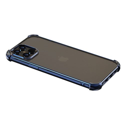 iPhone 12 Pro Max hátlaptok, telefon tok, ütésálló, erősített sarkokkal, kék kerettel, átlátszó, Devia Glitter Shockproof