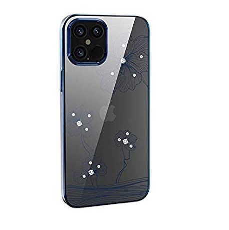 Telefon tok, iPhone 12 Pro Max hátlaptok, virág mintás, köves, kék kerettel, átlátszó, Devia Crystal Flora