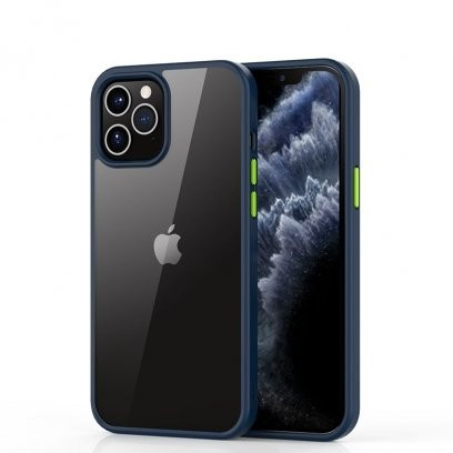 Telefon tok, iPhone 12 Pro Max hátlaptok, ütésálló, kék kerettel, átlátszó, Devia Shark