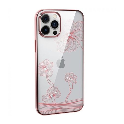 Telefon tok, iPhone 12 Pro Max hátlaptok, virág mintás, köves, rose gold kerettel, átlátszó, Devia Crystal Flora