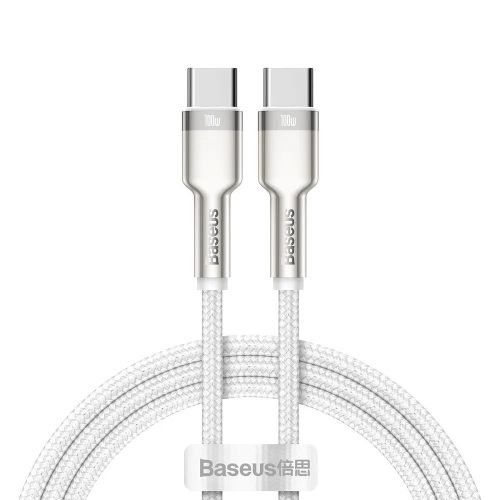 Baseus USB-C (Type-C) adatkábel, töltőkábel, gyorstöltő, szövet benvonat, 100W 5A 1m, fehér, Baseus Cafule Metal CATJK-C02