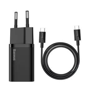   Hálózati töltőfej, adapter USB-C (Type-C) port + USB-C - USB-C adatkábel, töltőkábel, 3A, 25W, fekete, Super Si technológia, Baseus TZCCSUP-L01