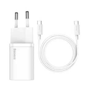   Hálózati töltőfej, adapter USB-C (Type-C) port + USB-C - USB-C adatkábel, töltőkábel, 3A, 25W, fehér, Super Si technológia, Baseus TZCCSUP-L02