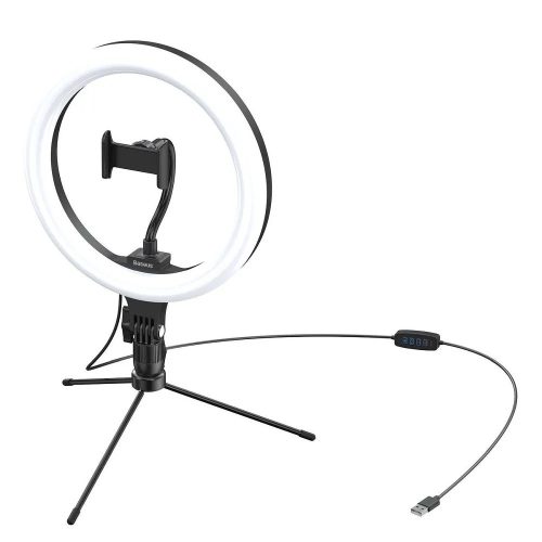 Asztali mobiltelefon tartó, selfie állvány LED körfénnyel, fekete, Baseus CRZB10-A01
