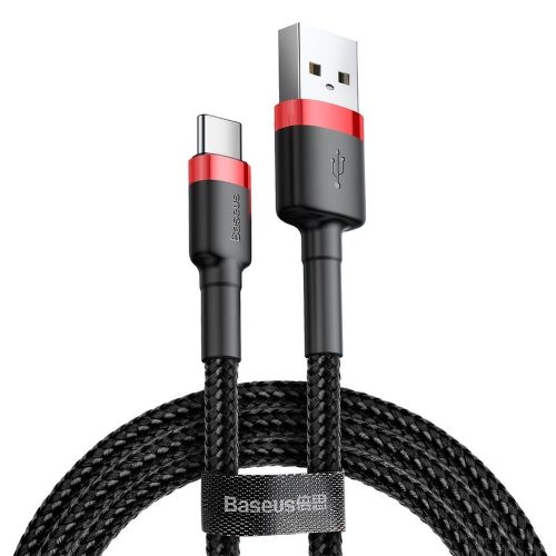 USB-C (Type-C) adatkábel, töltőkábel, USB-USB-C, szövet bevonat, fekete-piros, 1m 3A, Baseus