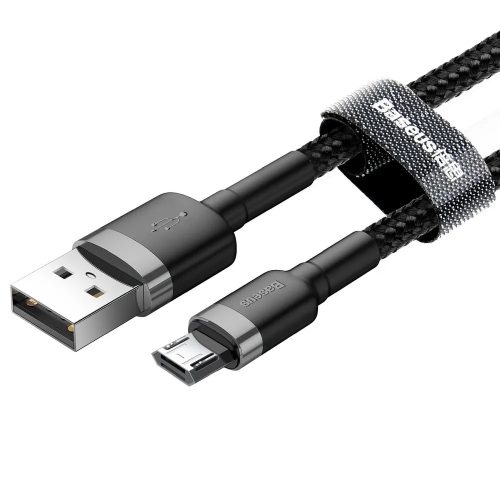 Micro USB adatkábel, töltőkábel, szövet bevonat, fekete-szürke, 1.5A 2m, Baseus Cafule CAMKLF-CG1
