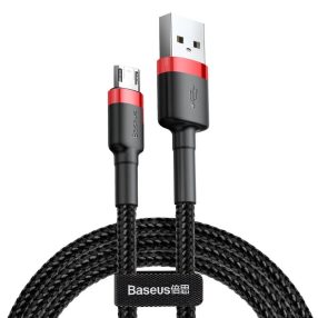   Micro USB adatkábel, töltőkábel, szövet bevonat, fekete-piros, 1.5A 2m, Baseus Cafule CAMKLF-C91