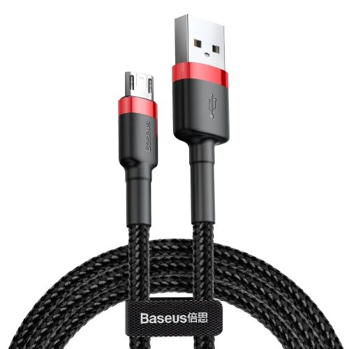Micro USB adatkábel, töltőkábel, szövet bevonat, fekete-piros, 1.5A 2m, Baseus Cafule CAMKLF-C91