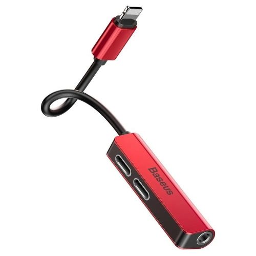 Adapter, átalakító, elosztó, 2db iPhone 8pin, lightning, 3,5mm jack -> iPhone 8pin, piros-fekete, Baseus CALL52-91