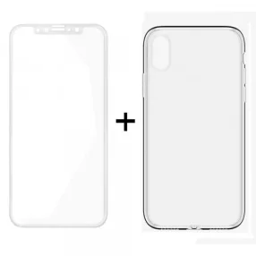   iPhone X / XS PET fólia, előlapi, 3D, hajlított, fehér kerettel, átlátszó szilikon tokkal, Remax GL-08