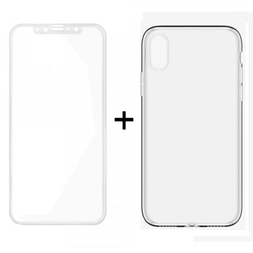 iPhone X / XS PET fólia, előlapi, 3D, hajlított, fehér kerettel, átlátszó szilikon tokkal, Remax GL-08