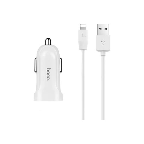 Szivartöltő fej, autós töltő, 2 USB port + iPhone 8pin, lightning töltőkábel, adatkábel, 2.4A, fehér, Hoco Z2A