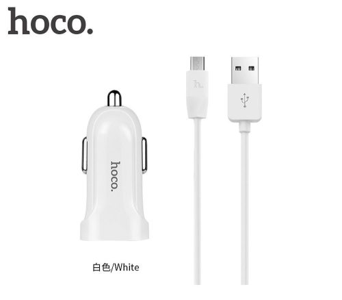 Szivartöltő fej, autós töltő, 2 USB port + micro USB adatkábel, töltőkábel, 2.4A, fehér, Hoco Z2A