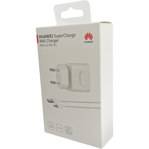 Hálózati töltőfej, adapter + Type-C adatkábel, töltőkábel, SuperCharge, 22,5W, fehér, gyári, csomagolt, Huawei HW-100225E00