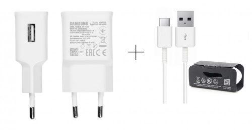 Samsung hálózati töltőfej, adapter, USB port + USB-C (Type-C) adatkábel, töltőkábel, gyorstöltő, Fast Charge, 1.5m 2A, fehér, gyári, Samsung EP-TA200EWE + DW700CWE