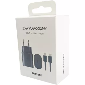   Hálózati töltőfej, adapter, Type-C port + Type-C adatkábel, töltőkábel, gyorstöltő, Fast Charge, 3A 25W, fekete, gyári, csomagolt, Samsung EP-TA800XBE