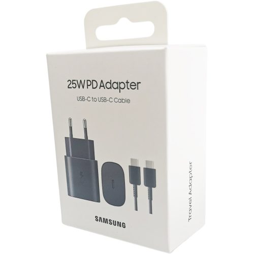 Hálózati töltőfej, adapter, Type-C port + Type-C adatkábel, töltőkábel, gyorstöltő, Fast Charge, 3A 25W, fekete, gyári, csomagolt, Samsung EP-TA800XBE