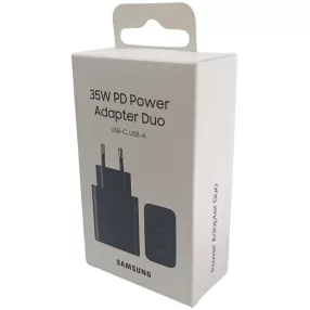   Hálózati töltőfej, adapter, USB és Type-C port, gyorstöltő, Quick charge, 3A 35W, fekete, gyári, csomagolt, Samsung EP-TA220N