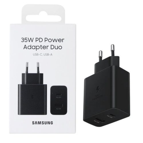 Hálózati töltőfej, adapter, USB és Type-C port, gyorstöltő, Quick charge, 3A 35W, fekete, gyári, csomagolt, Samsung EP-TA220N