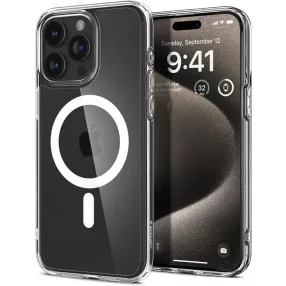   iPhone 15 Pro Max hátlap tok, műanyag hátlap, szilikon keret, Magsafe tok, átlátszó / fehér, Spigen Ultra Hybrid Mag