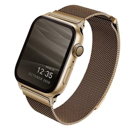 Apple Watch 4/5/6/7/8/9/SE/SE2 okosóra szíj, 42/44/45mm kompatibilis, fém, arany, prémium, UNIQ