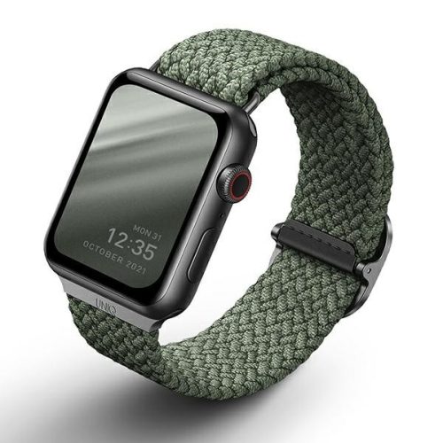 Apple Watch 4/5/6/7/8/9/SE/SE2 okosóra szíj, 38/40/41mm kompatibilis, zöld, fonott, prémium, UNIQ