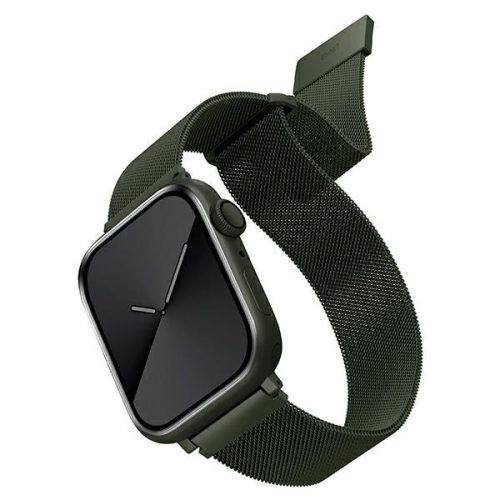Apple Watch 4/5/6/7/8/9/SE/SE2 okosóra szíj, 38/40/41mm kompatibilis, fém, zöld, prémium, UNIQ