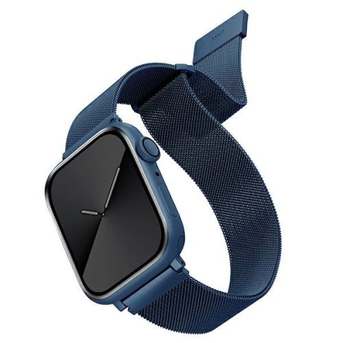 Apple Watch 4/5/6/7/8/9/SE/SE2 okosóra szíj, 42/44/45mm, fém, kék, prémium, UNIQ