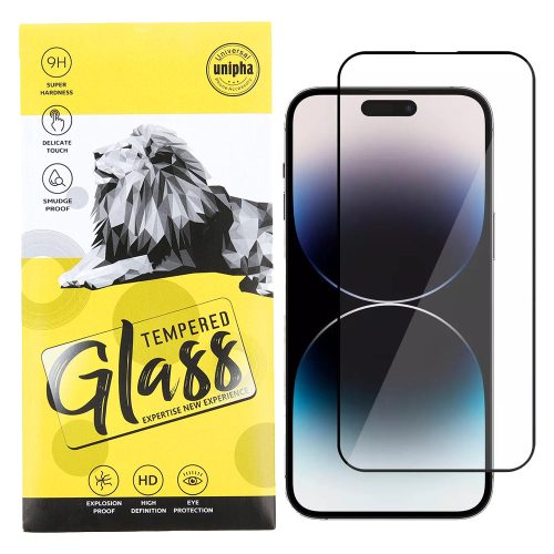 iPhone 14 Pro üvegfólia, tempered glass, előlapi, 9D, edzett, hajlított, fekete kerettel